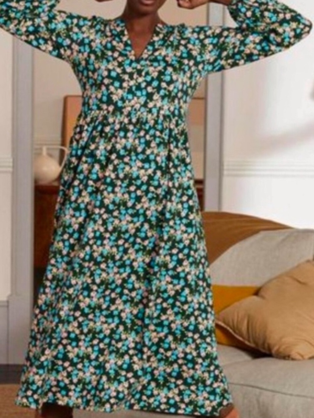 Boden Teal Floral Long Sleeve Midi Dress